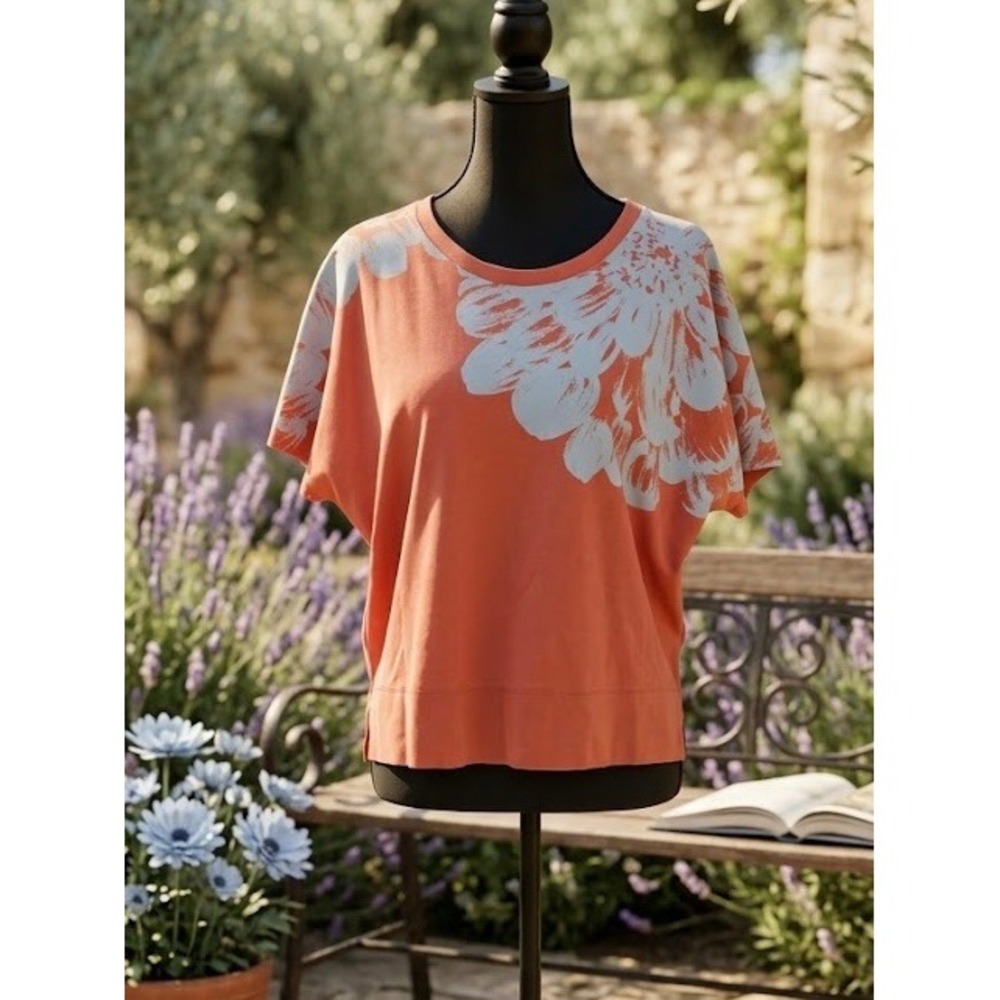 Anthropologie Dolman Floral Boxy Tee Orange Blue Cotton Relaxed Top Small